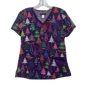 Planet Koi Holiday Scrub Top Shirt Womens Small Purple New Christmas Trees